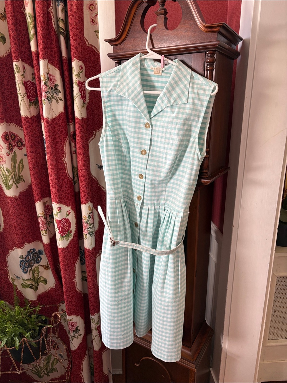 Mint Gingham Sleeveless Button-Front Dress